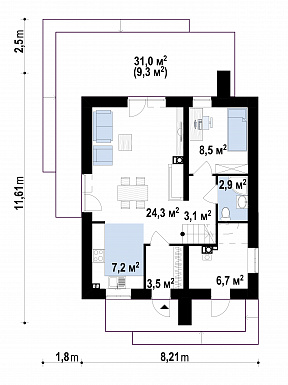 Проект дома с небольшой комнатой на первом этаже, кухней с окном, террасой, балконами / План 1 этажа