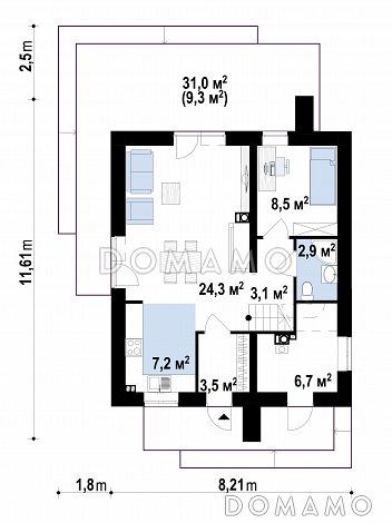 Проект дома с небольшой комнатой на первом этаже, кухней с окном, террасой, балконами / План 1 этажа