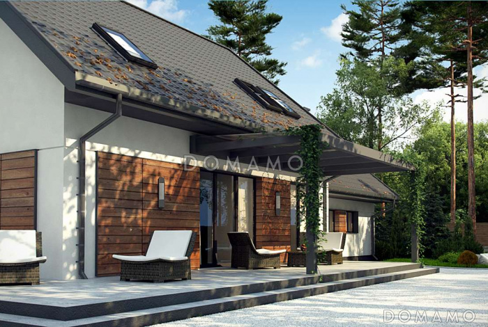 Проект комфортного одноэтажного мансардного дома из кирпича с кабинетом, гаражом и тремя спальнями