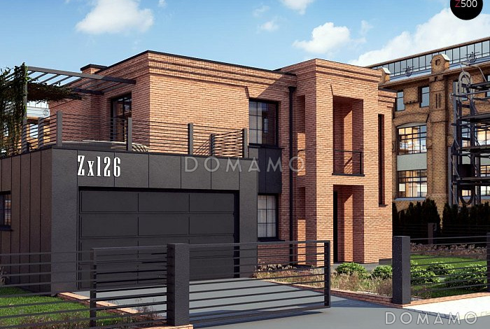 Проект современного двухэтажного коттеджа из кирпича с большой площадью остекления, вторым светом и гаражом