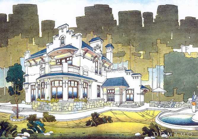 Проект комфортабельного дома с необычной формой в плане, гаражом и парной