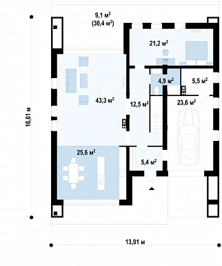 Проект кирпичного дома с 4 спальнями и большой гостиной, адаптированный для сейсмозоны / План 1 этажа