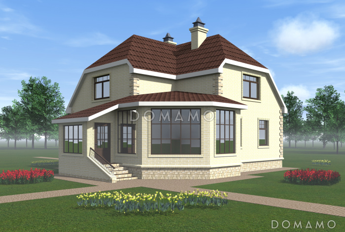 Проект коттеджа спокойных очертаний с остекленной террасой и большим подвалом