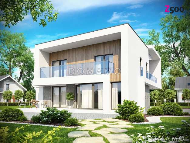 Проект просторного современного двухэтажного дома из кирпича, с пятью комнатами, гаражом и двумя лоджиями