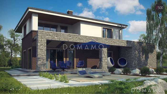 Проект просторного современного двухэтажного дома из кирпича с тремя спальнями, кабинетом, гаражом и сауной