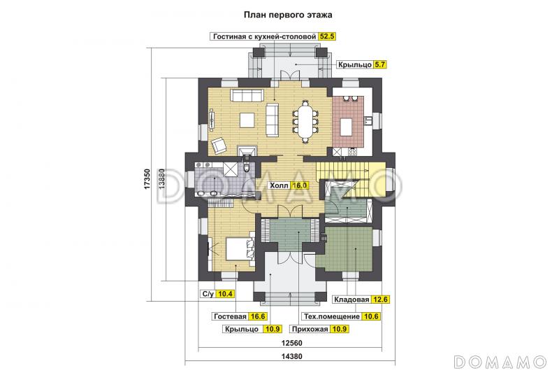 Проект дома с большой гостиной, санузлом, гостевой, хозяйской спальней с балконом / План 1 этажа