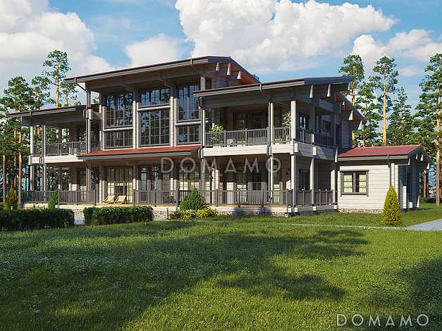 Проект двухэтажного дома из клееного бруса с красивым панорамным остеклением