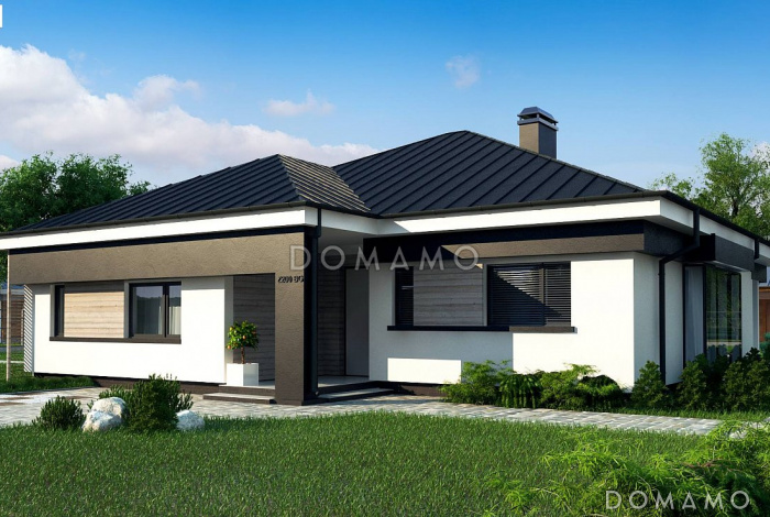 Проект одноэтажного дома функциональной планировки с  большой гостиной и изолированной кухней с кладовой, просторной ванной