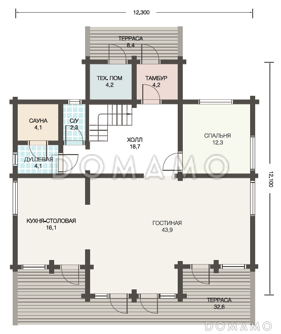 Проект дома из клееного бруса с большой верандой перед домом / План 1 этажа