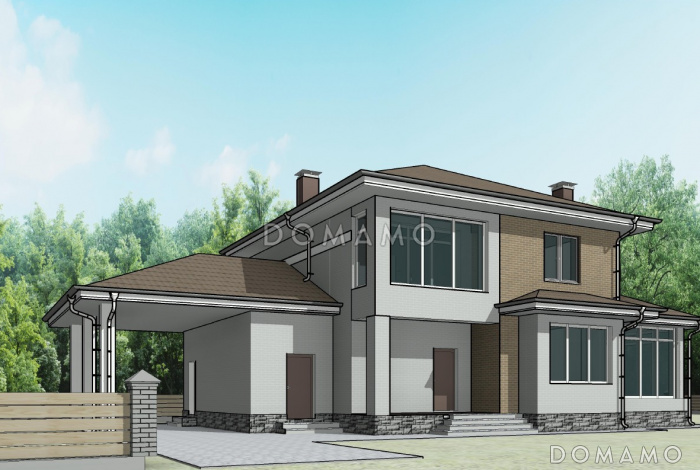 Проект двухэтажного дома с крытой террасой, ломаной гостиной, просторным холлом с выходом на лоджию