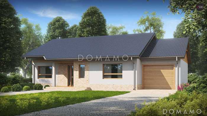 Проект простого компактного одноэтажного дома из кирпича с тремя спальнями и гаражом