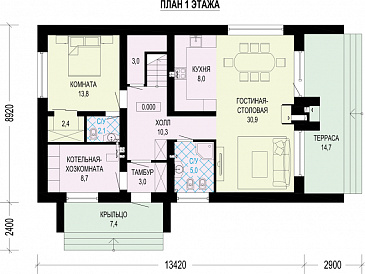 Проект дома с террасой, просторной гостиной, комнатами с санузлом / План 1 этажа