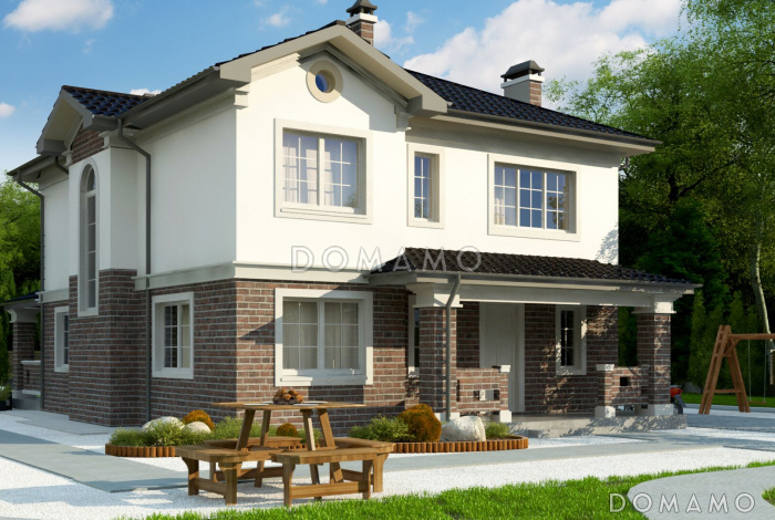 Проект современного двухэтажного дома из кирпича с пятью комнатами и крытой террасой, без гаража