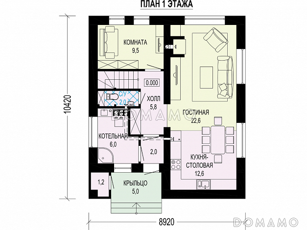Проект двухэтажного дома с кладовой, кухней-столовой, лоджией / План 1 этажа