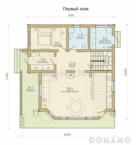Проект каркасного дома с французским балконом / План 1 этажа