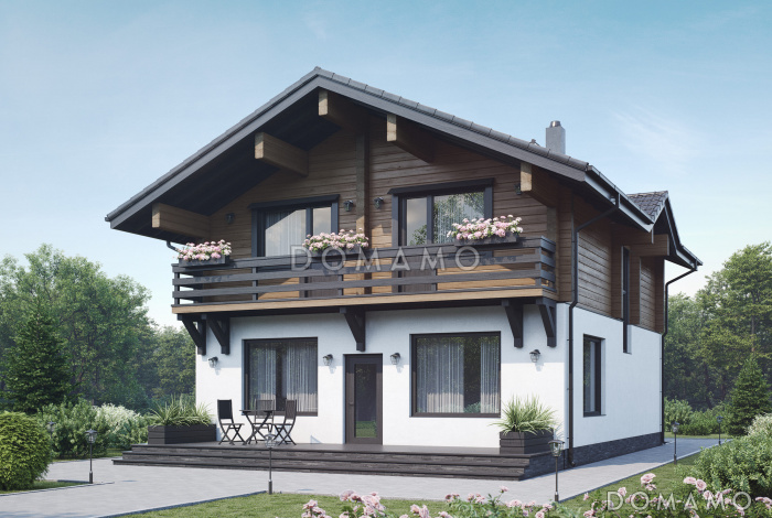 Проект двухэтажного дома из газобетона и бруса с балконом на две комнаты и террасой