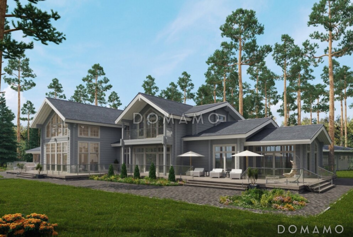 Проект дома из клееного бруса с мансардными окнами и большой площадью остекления