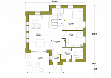 Проект коттеджа из SIP панелей с двусветной гостиной и террасой. / План 1 этажа